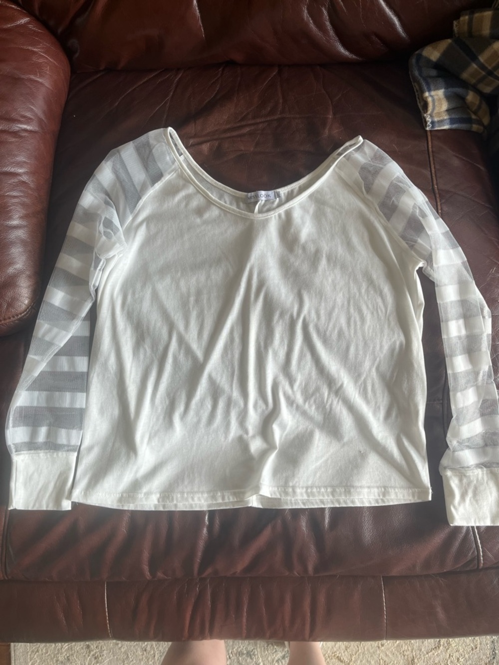 MISSLOOK White Long Sleeve Top with Sheer Striped Sleeves